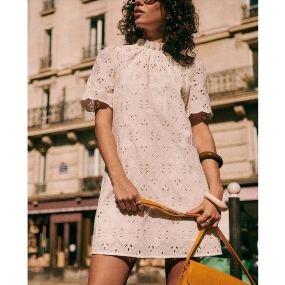 Sezane Cream White Floral Mini Louison Eyelet Embroidered Dress in Ecru Size 34 - Picture 2 of 16